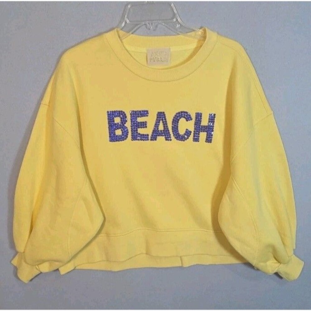Judith March Sweatshirt Womenss S Yellow Beach Bedazzled Beaded Artsy Oversized